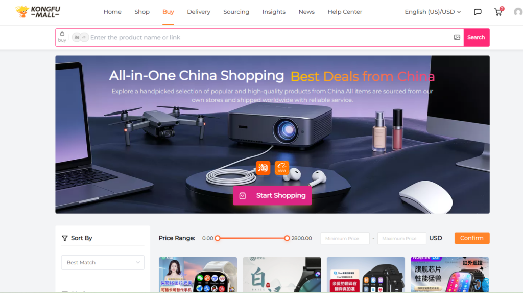 KongfuMall Buy page with a search bar for product name or link and an All-in-One China Shopping banner.