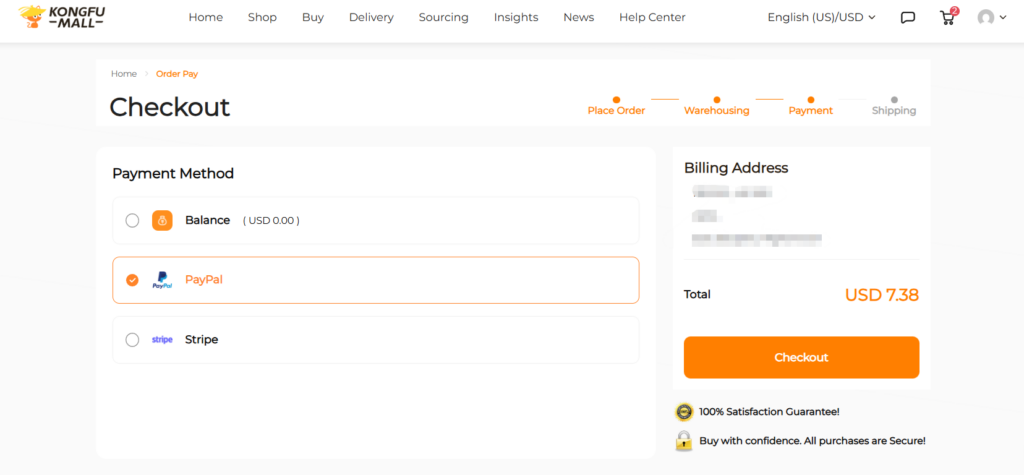 Illustration of an agent checkout page showing PayPal selected to pay for a Taobao order request.