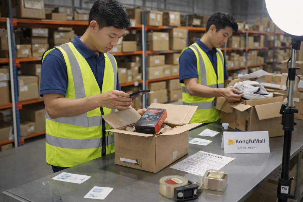 Warehouse staff inspecting items and checking order details before international shipping.