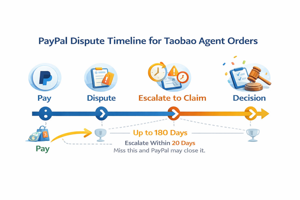 PayPal buyer protection for Taobao orders dispute timeline showing pay, dispute, escalate to claim, and decision within up to 180 days.