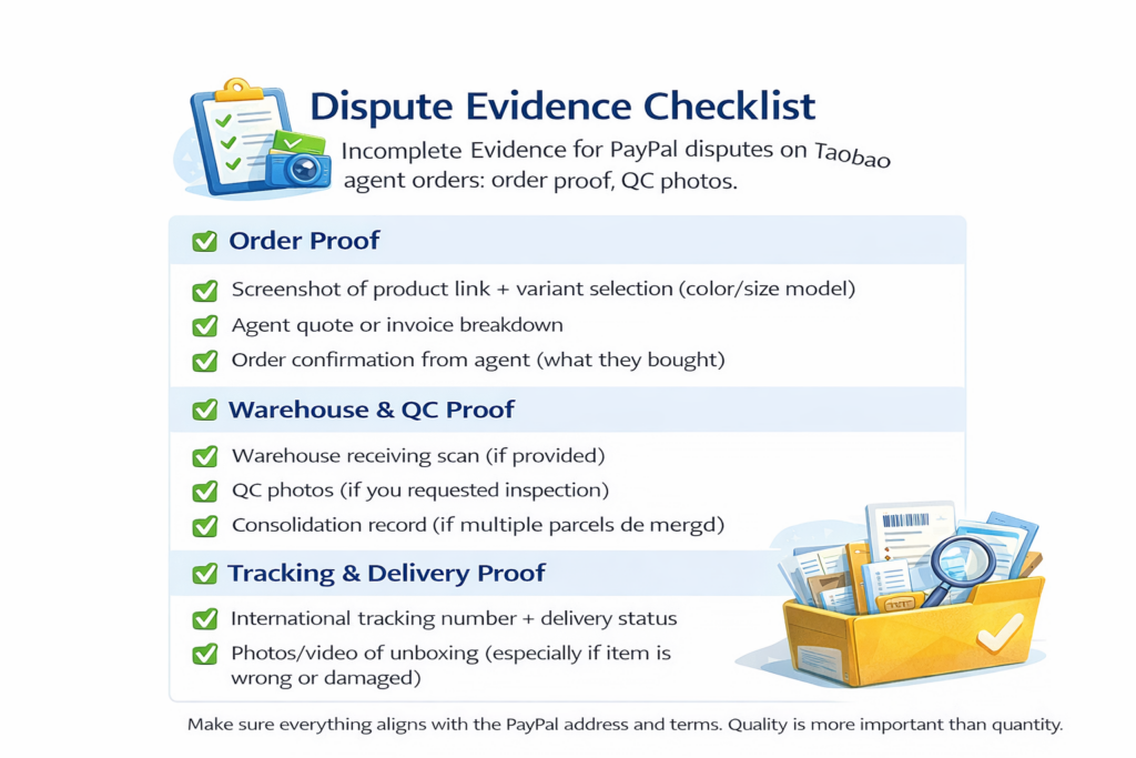 PayPal buyer protection for Taobao orders dispute evidence checklist showing order proof, warehouse QC photos, tracking, and unboxing documentation.