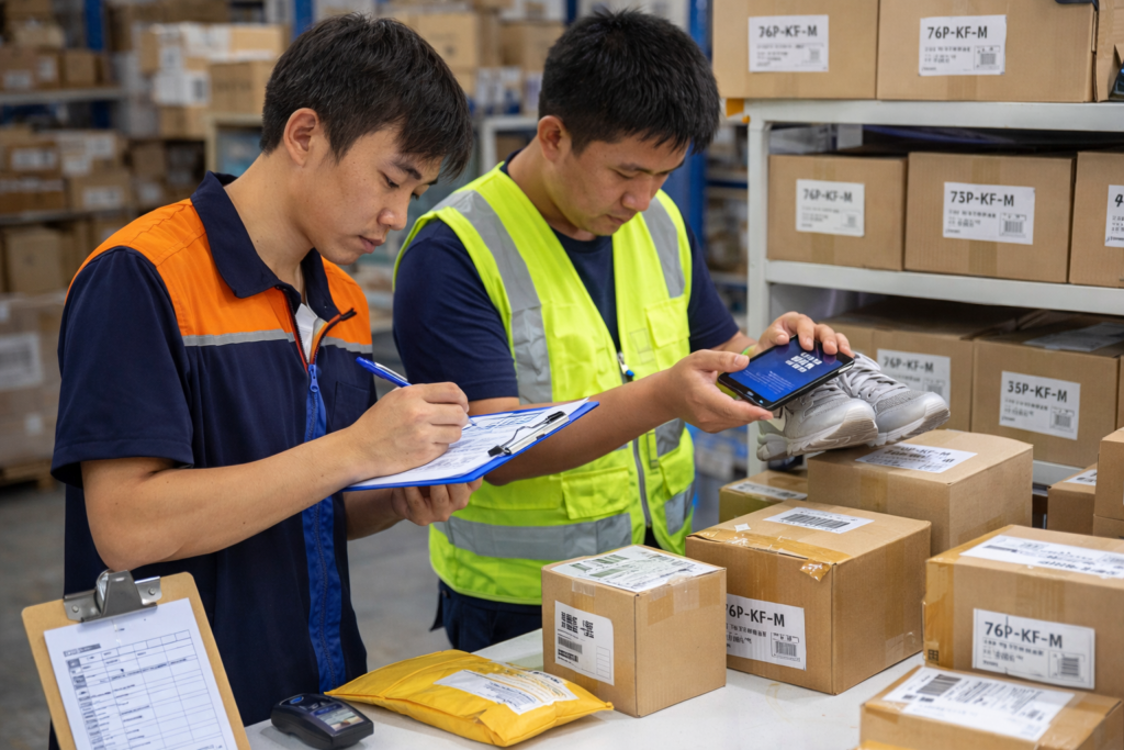 PayPal buyer protection for Taobao orders warehouse QC photo showing staff inspecting parcels, scanning SKUs, and documenting items before shipping.