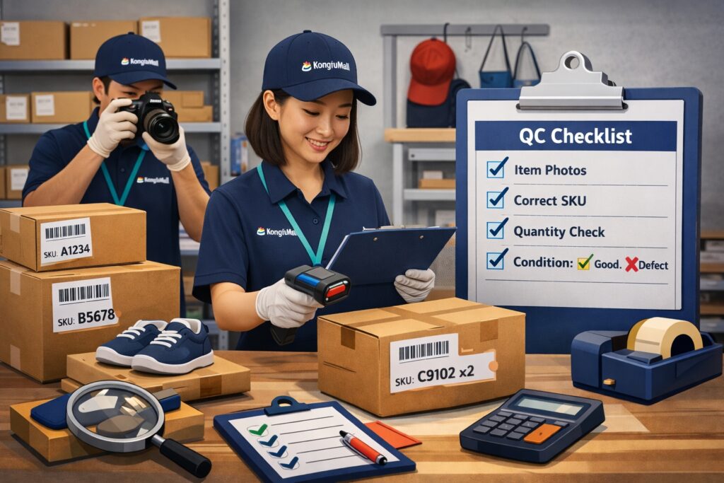 Warehouse staff inspecting items and checking order details before international shipping.