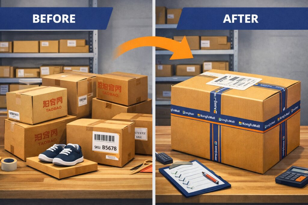 Before-and-after view of multiple Taobao parcels consolidated into one repacked international shipping carton.