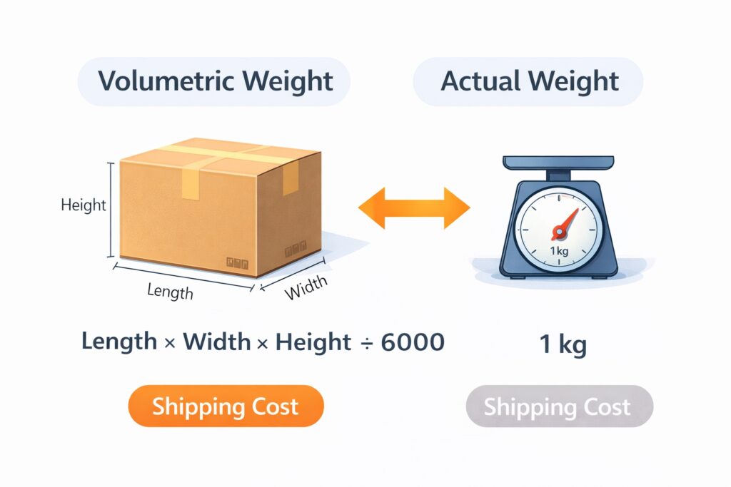 Volumetric weight vs actual weight graphic explaining why box size affects Taobao shipping cost after consolidation.