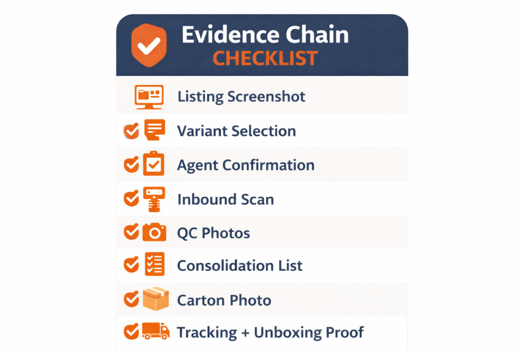 Taobao buyer protection evidence chain checklist for foreign buyers: listing proof, variant proof, inbound scan, QC photos, carton photo, tracking, and unboxing proof.