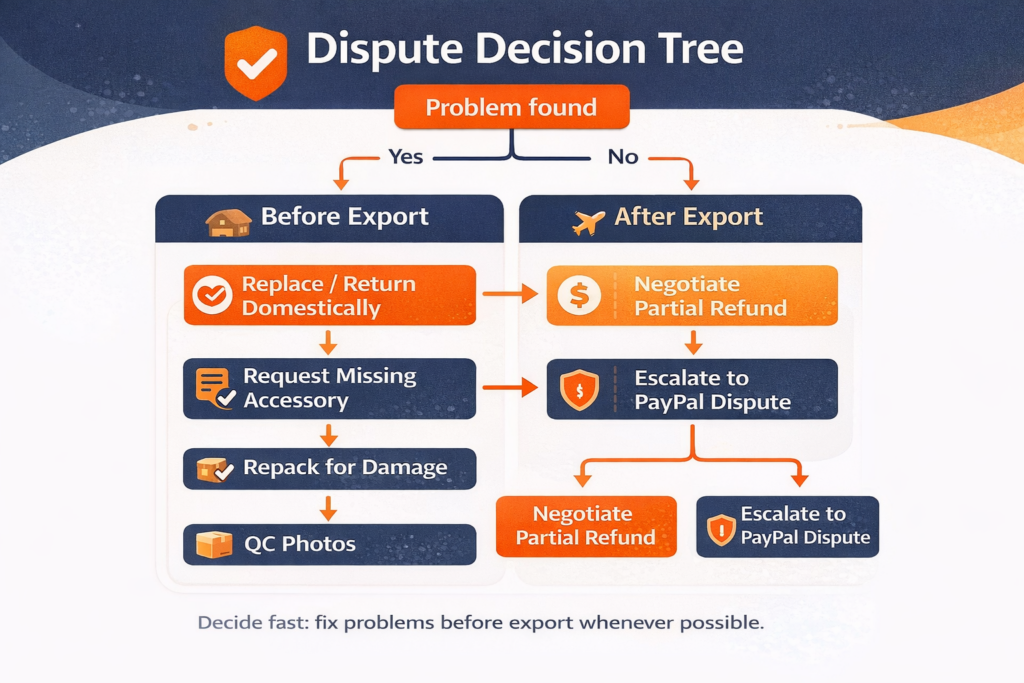 Taobao buyer protection dispute decision tree for foreign buyers showing before-export vs after-export choices: negotiate, replace, partial refund, or escalate