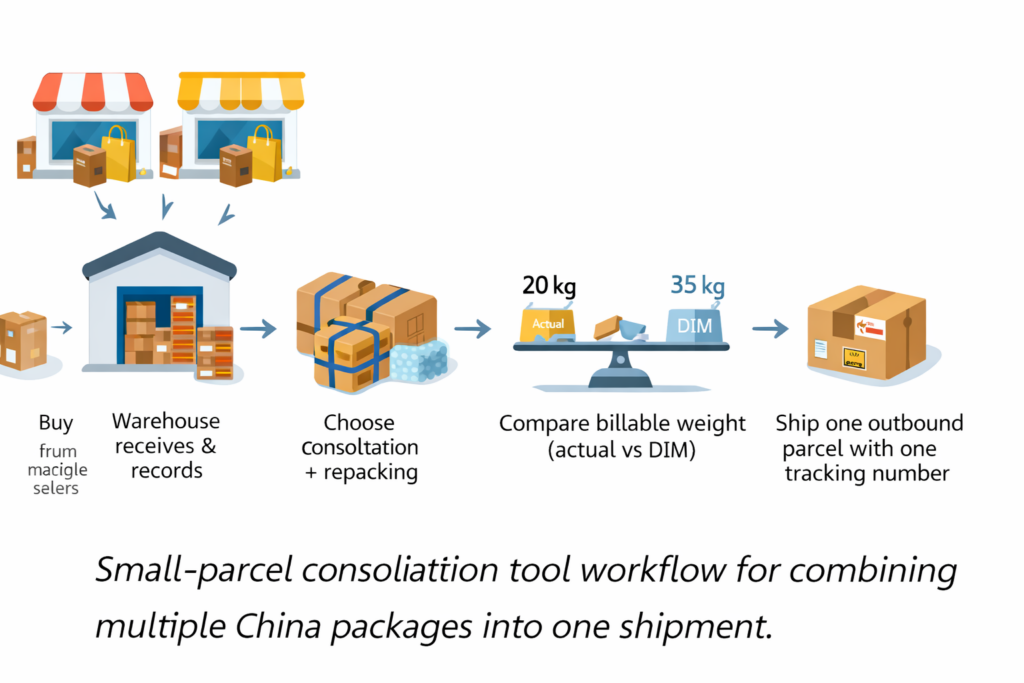 Small-parcel consolidation tool workflow for combining multiple China packages into one shipment.