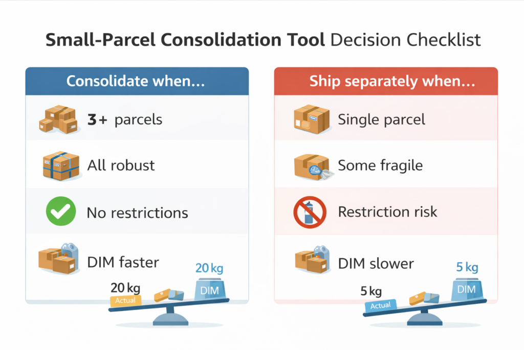 Small-parcel consolidation tool decision checklist showing when to consolidate multiple China packages into one shipment versus shipping separately, based on parcel count, fragility, restrictions, urgency, and billable (DIM) weight.