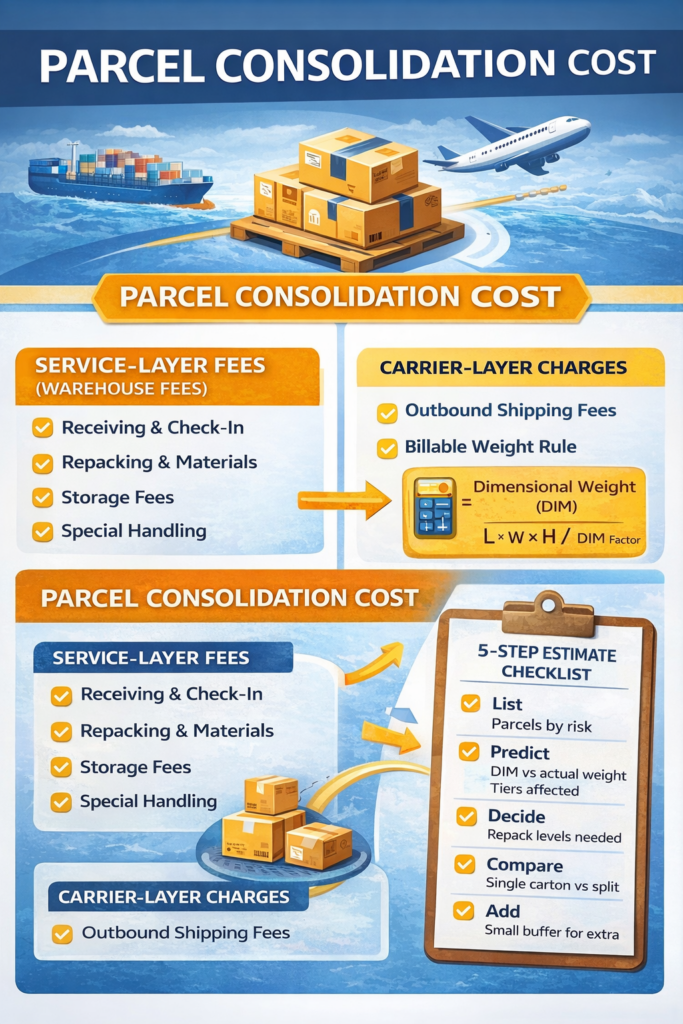 Parcel consolidation cost breakdown infographic showing two layers of fees: service-layer warehouse fees (receiving, repacking, materials, storage, special handling) and carrier-layer shipping charges, plus the billable weight rule and a 5-step cost estimation checklist.