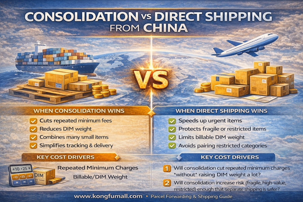 Consolidation vs direct shipping comparison infographic showing when consolidation wins versus when direct shipping is better, including key cost drivers (repeated minimum charges, billable/DIM weight) and a two-question decision test.