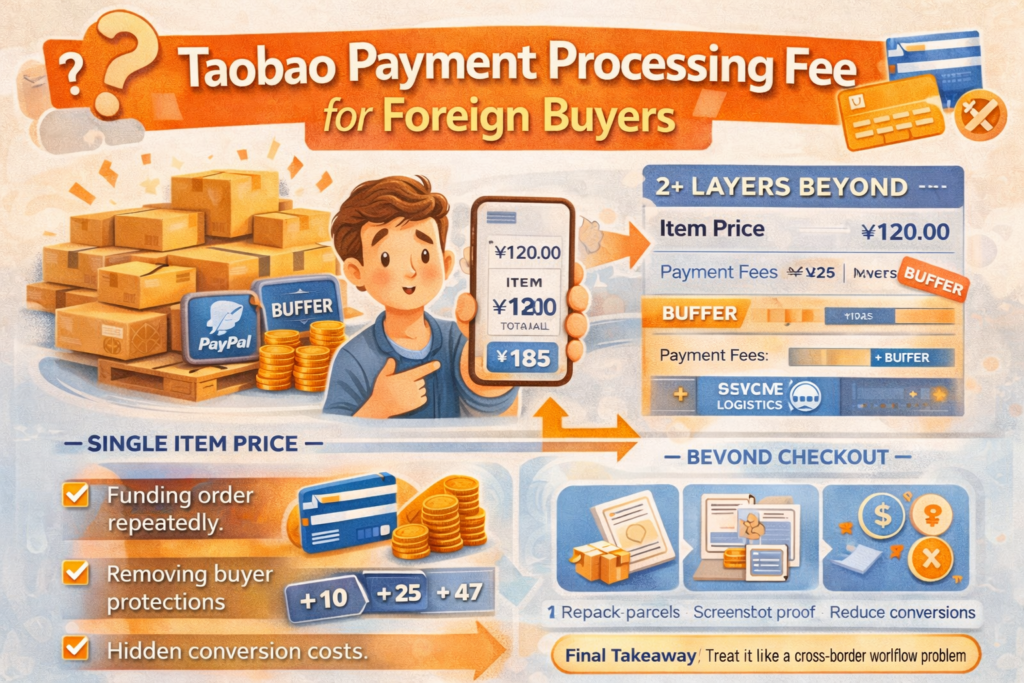 Taobao payment processing fee infographic showing a foreign buyer comparing item price vs total cost, with icons for payment fees, currency conversion, service/logistics fees, and tips to plan the full buying workflow.
