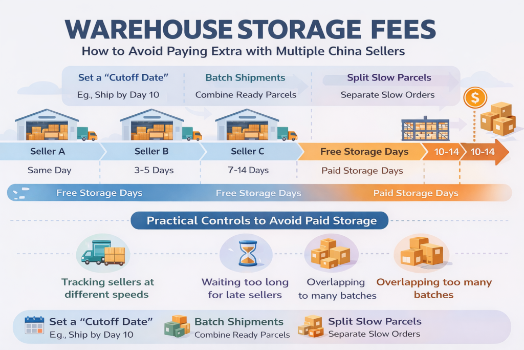 Warehouse storage fees infographic showing how buying from multiple China sellers creates timing gaps between early and late parcels, and how cutoff dates, batch shipments, and splitting slow orders help avoid paid storage days and extra costs.