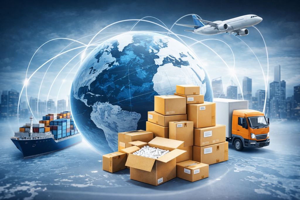 International shipping and parcel consolidation concept illustration with a global logistics network, cargo ship, airplane, truck, and stacked parcels
