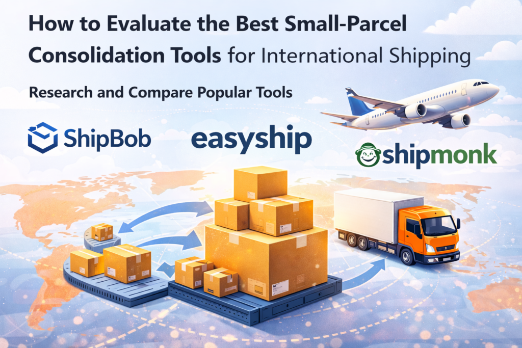 Best small-parcel consolidation tool for international shipping checklist infographic showing pricing, DIM weight control, tracking, customs support, and integrations.