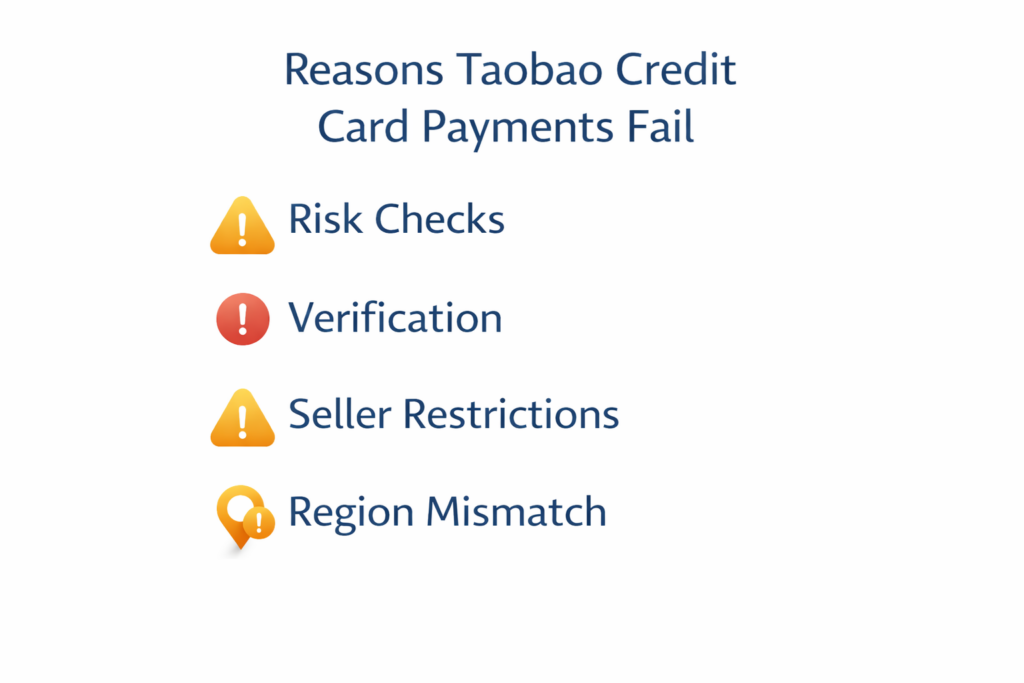 Taobao credit card payment failure reasons: risk checks, verification, seller restrictions, and region mismatch.