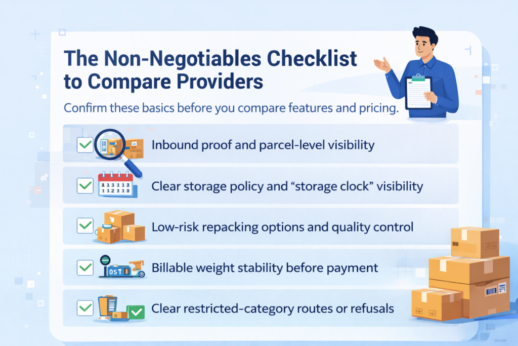 Which small-parcel consolidation tool should I buy? Non-negotiables checklist to compare providers: inbound proof, storage clock visibility, repacking control, billable weight transparency, and restricted-category handling.