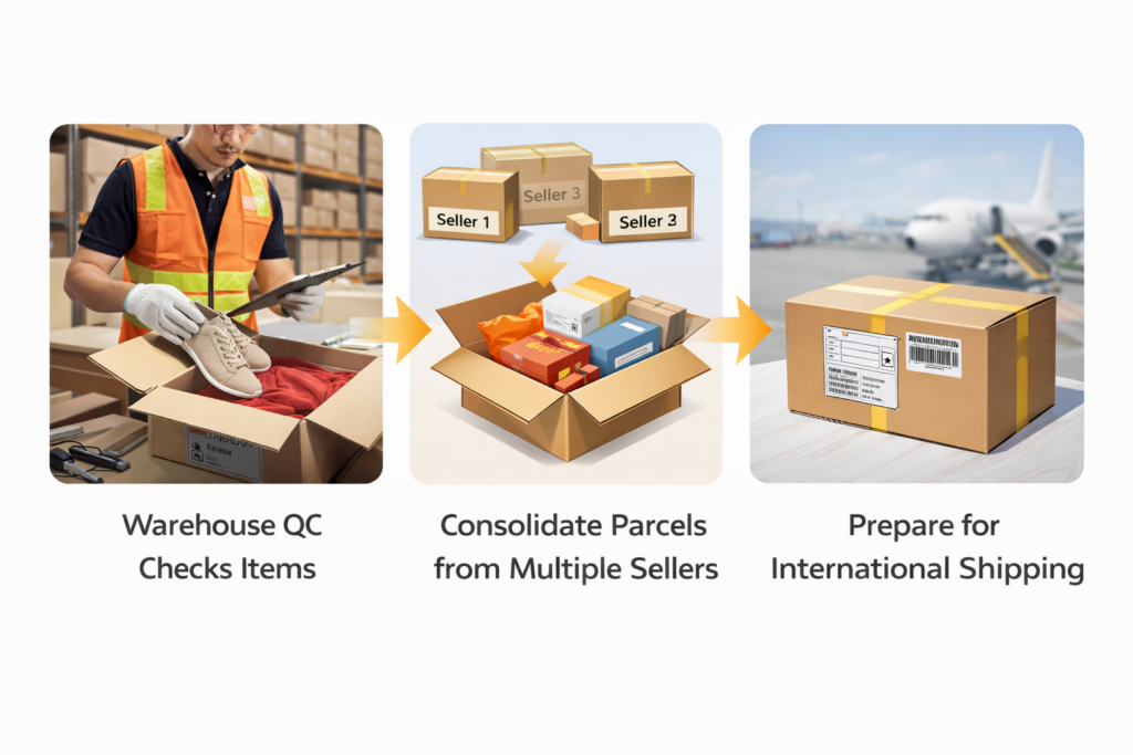 DIY Taobao orders workflow after purchase: warehouse QC checks, parcel consolidation from multiple sellers, and final preparation for international shipping.