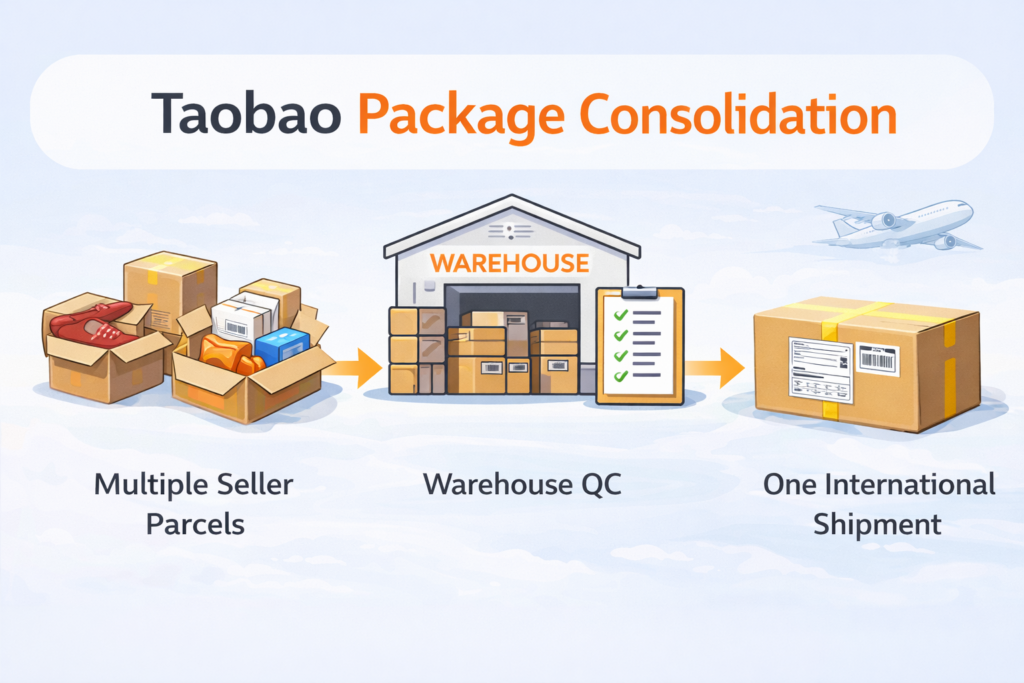 Taobao package consolidation overview showing multiple parcels combined into one international shipment for foreign buyers.