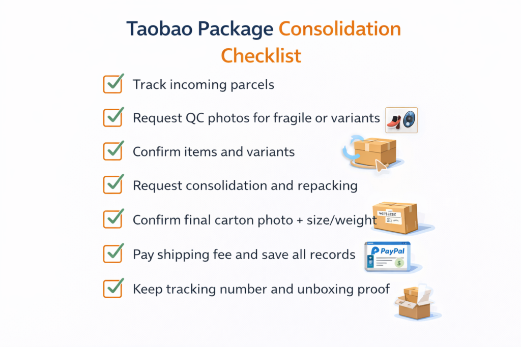 Consolidation checklist for taobao package consolidation including QC photos, repacking rules, final carton photo, and tracking proof.