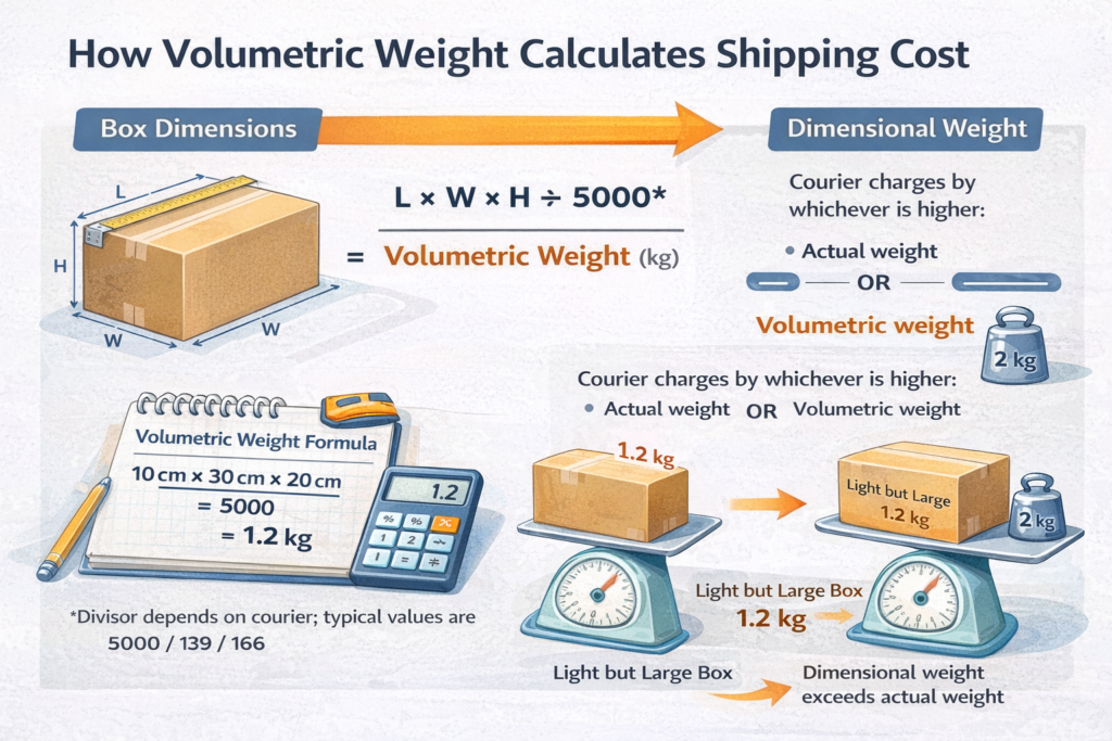 Volumetric weight vs actual weight infographic showing the box-dimension formula and why Taobao consolidation shipping cost is charged by the higher billed weight.