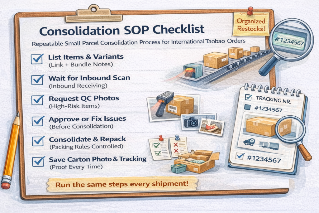 Small parcel consolidation tool SOP checklist for Taobao orders showing inbound scan, QC photos, repacking rules, final carton photo, and tracking proof.