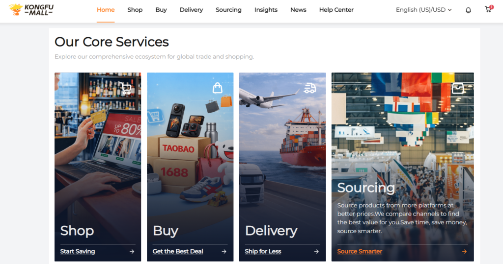 KongfuMall include shop, Buy, Deliver, and Sourcing