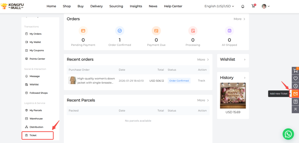 KongfuMall support create Tickets for order issues, payment questions, shipment problems, product issues, and account concerns