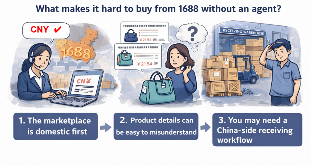 What makes it hard to buy from 1688 without an agent?